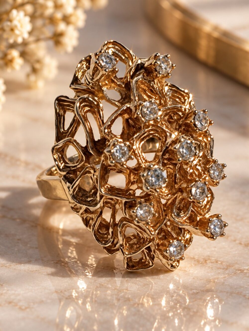 Vintage 1970s Brutalist Gold Tone Rhinestone Cocktail Ring Statement Ring